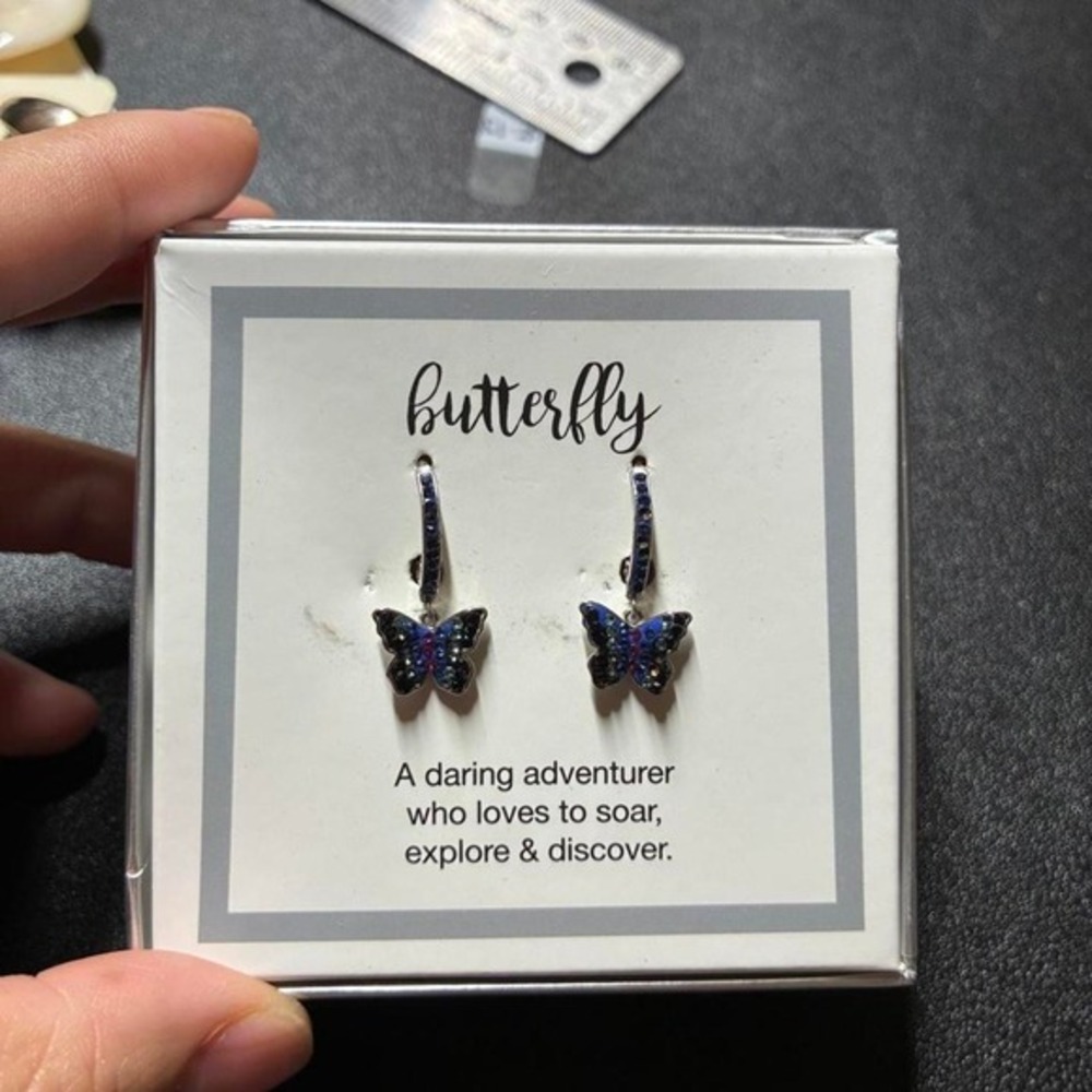 Kohls Butterfly Drop Earrings Blue Black Glitter Silver Tone Huggie NIB
